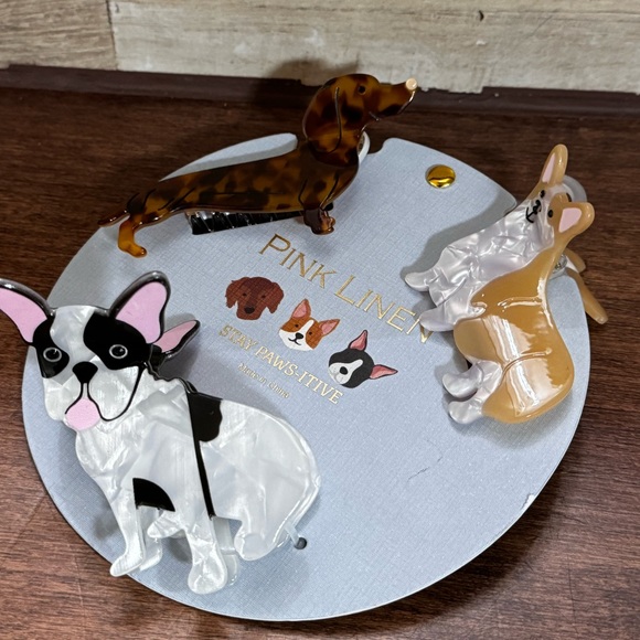 Super Cute Frenchie, Corgi, Dachshund Dog Hair Clips Claws Pink Linen NWT - Picture 2 of 7
